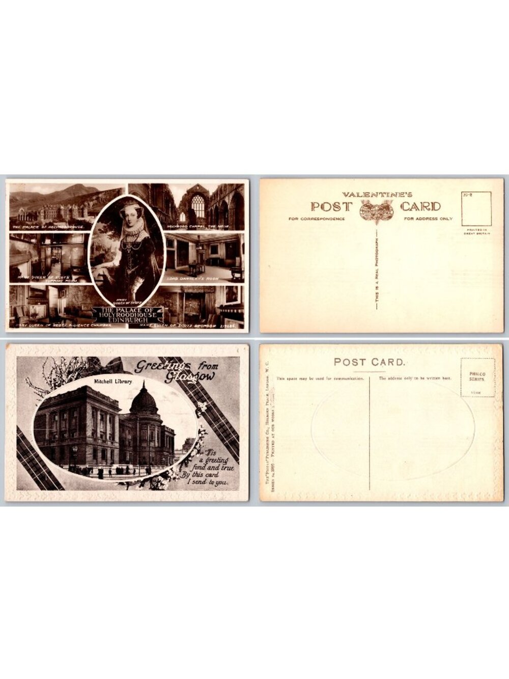 2 Vintage Scotland Postcards Glasgow Mitchell Library Holyroodhouse Edinburgh
